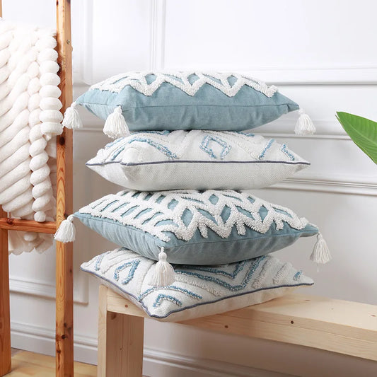 Tufted Aztec Blue & White Decorative Cushion Cover  Collection - The Dreamy Home